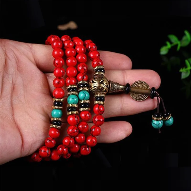 Charms Yoga 108 Red Turquoise Stone With Tassel Bracelet Hand Knotted Buddha Prayer Beads Meditation Mala Necklaces Bracelets