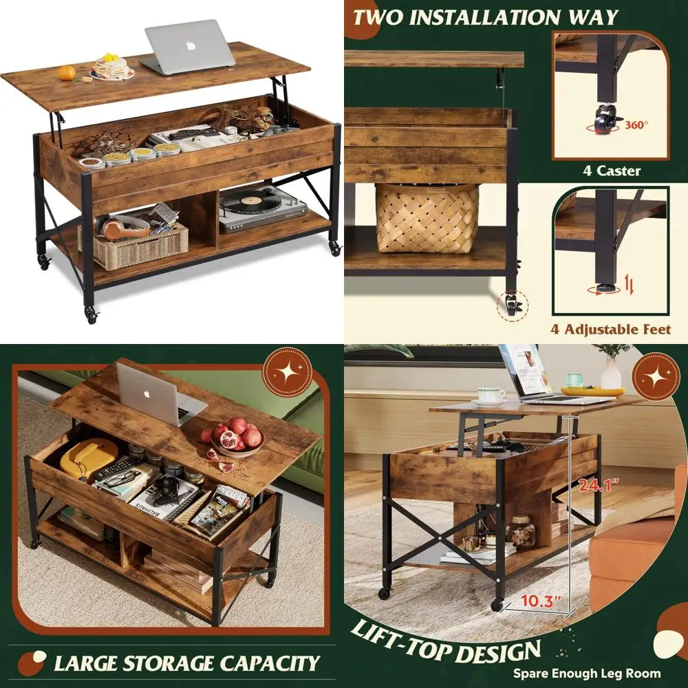 

Lift-Top Coffee Table with Wheels, Storage Shelf, and Hidden Compartment for Living Room Furniture