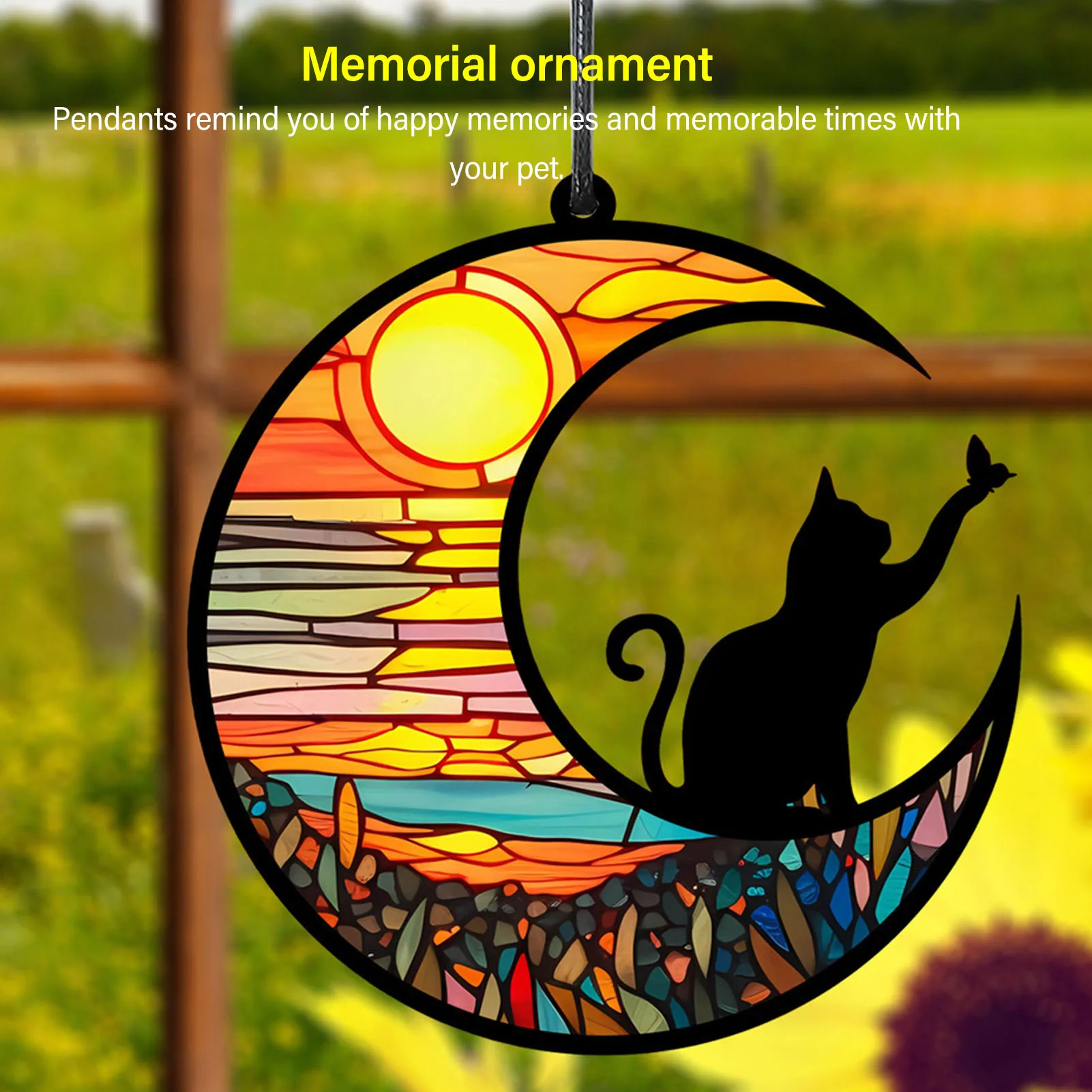 Cat Memorial Suncatcher Stained Glass Window Pendant Colorful Printed Acrylic Hanging Ornaments For Loss Of Cat