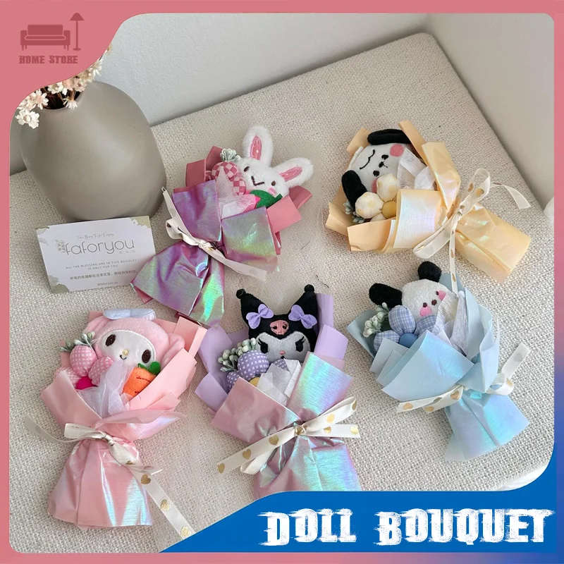 

Kawaii Sanrio плюшевая кукла-букет Hello Kitty Melody Kuromi мини-плюшевые куклы с цветком для подарков на день Святого Валентина, день рождения