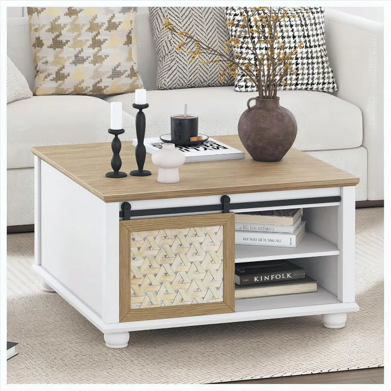 

Square coffee table, farmhouse coffee table with storage, living room coffee table with sliding barn door, white