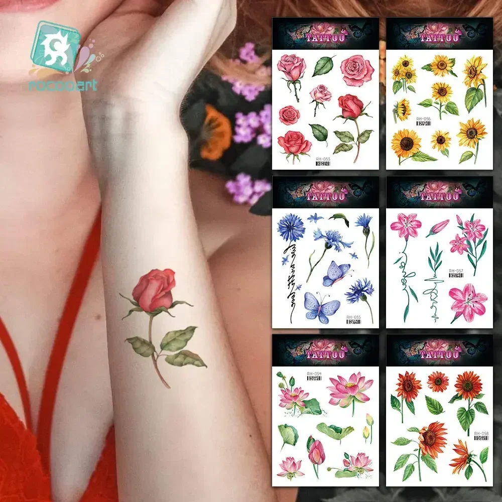 3D Flower Tattoo Stickers For Women Body Art Waterproof Temporary Tattoos Daisy Rose Watercolor Tattoo Arm Wrist Sexy Fake Tatoo