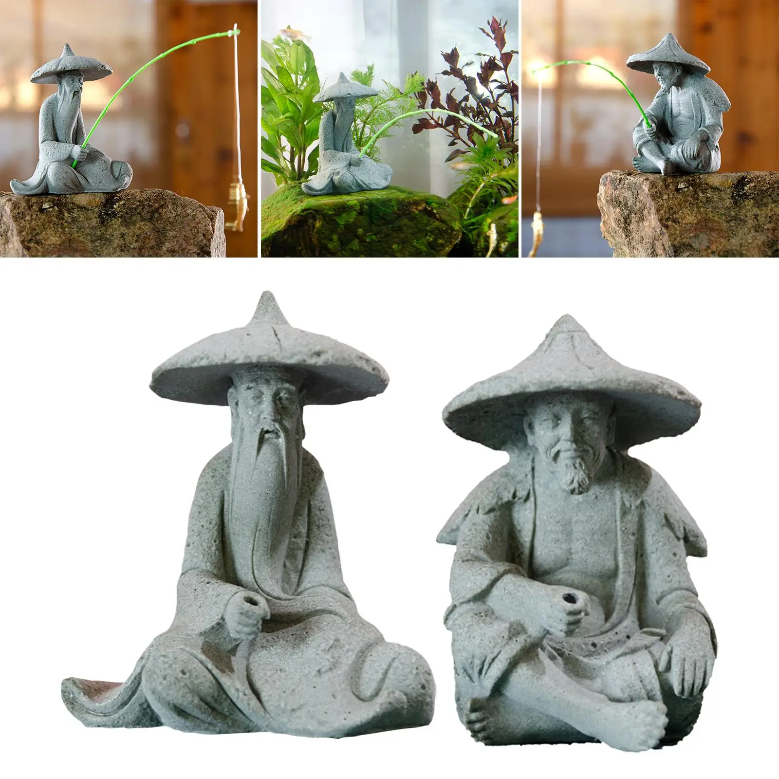 Resin Aquarium Ancient Chinese Fisherman Characters Statue Home Decor with Textured Appearance Details ,Salt and Fresh Water Use