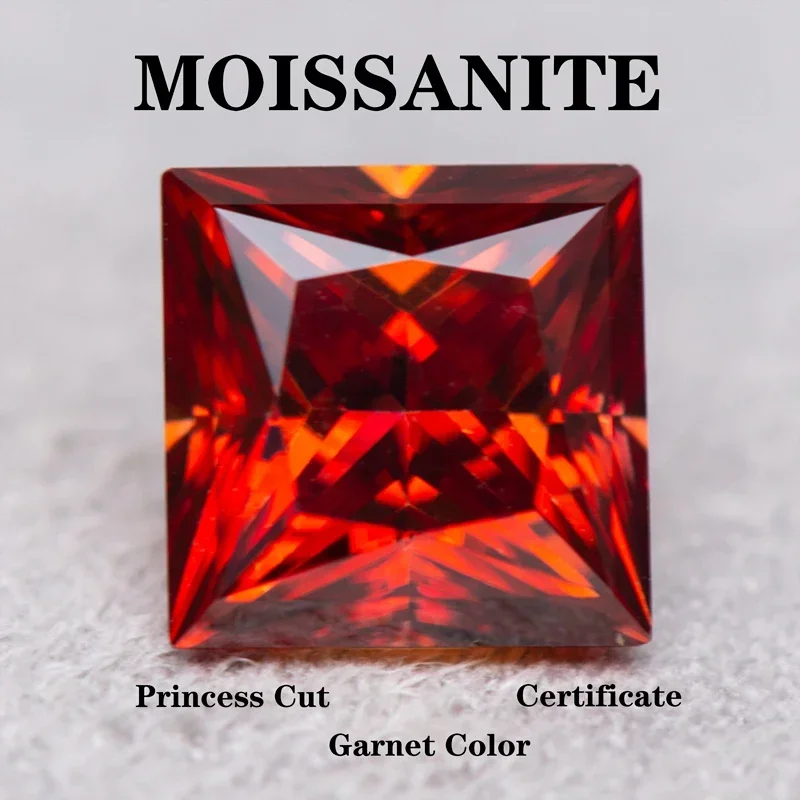 

Moissanite Stone Princess Cut Garnet Color Charms Gemstone DIY Advanced Jewelry Rings Earrings Making with Certificate