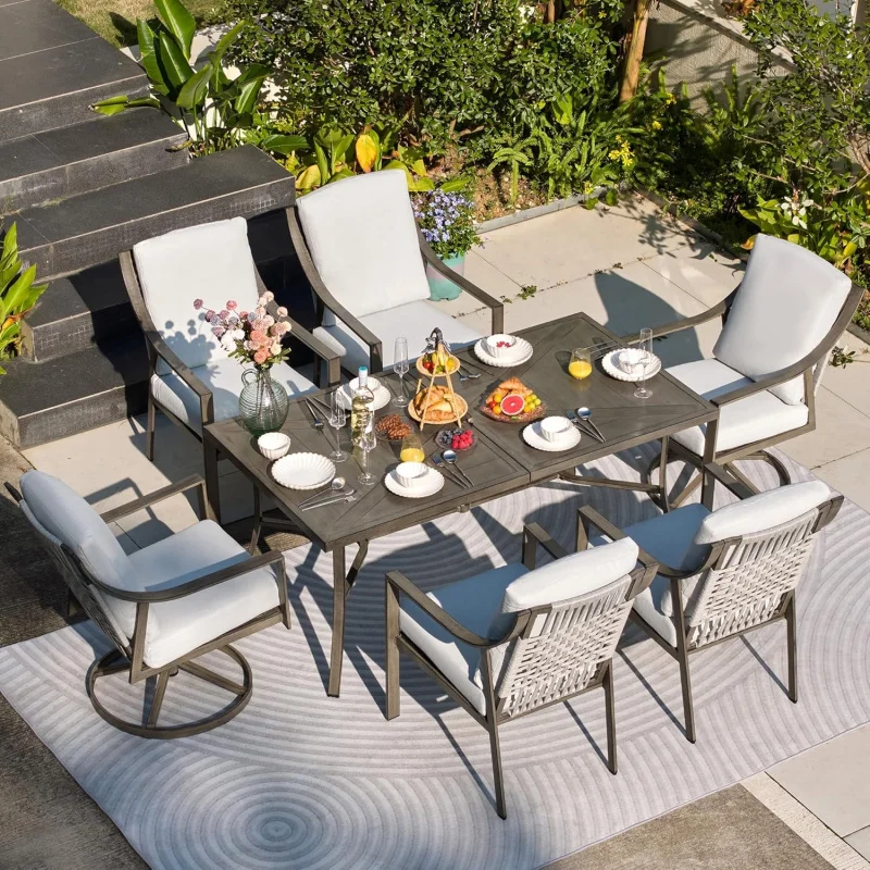 

-Piece Patio Dining Set 6, 4 Fixed & 2 Swivel Chairs with Olefin Cushions, 65 Table with Hole