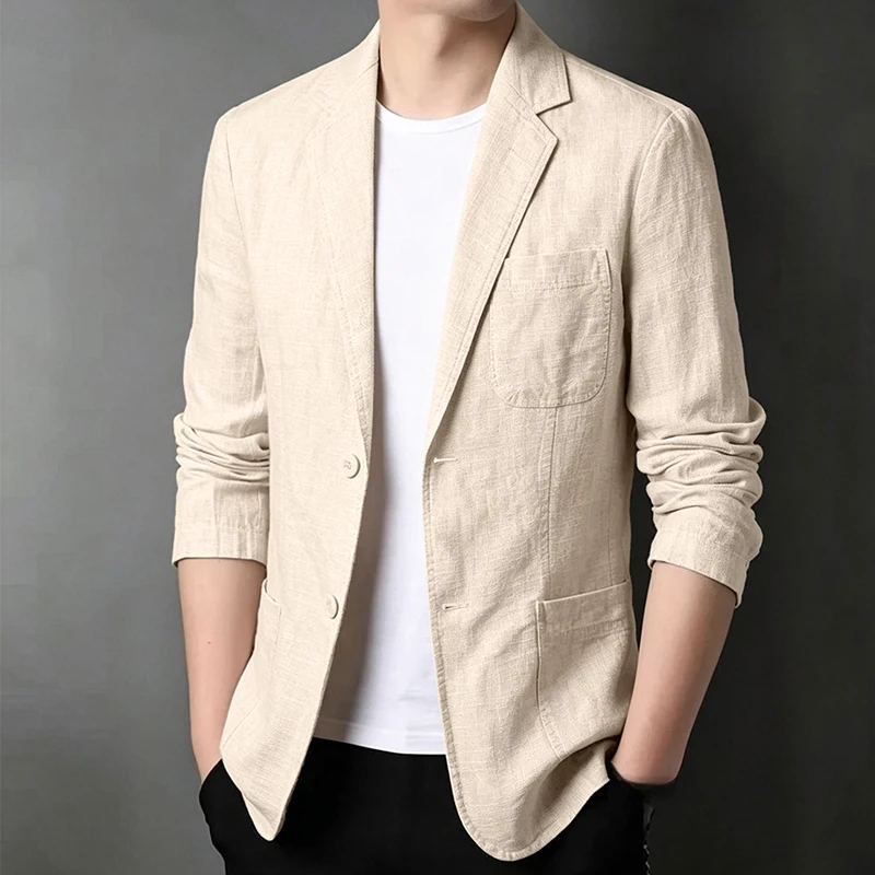 2026 New High Quality Men's Linen Blazer Spring Summer Lightweight Korean Style Single Breasted Loose Business Casual Jacket