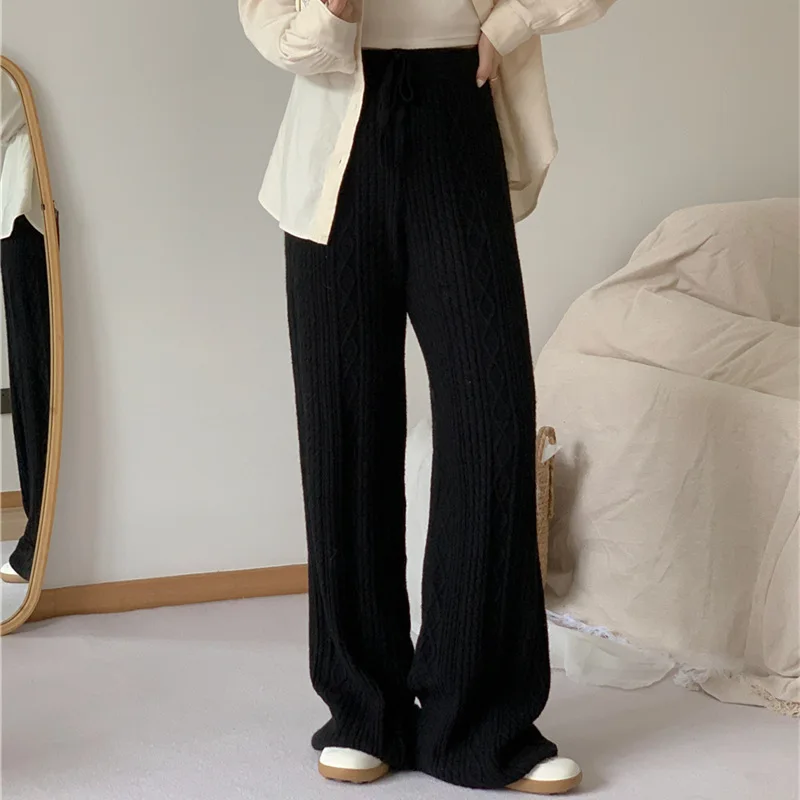 레트로 다이아몬드 니트 와이드 레그 팬츠 여성용 가을 겨울 부드러운 드레이핑 스트레이트 레그 루즈 슬리밍 캐주얼 롱 팬츠