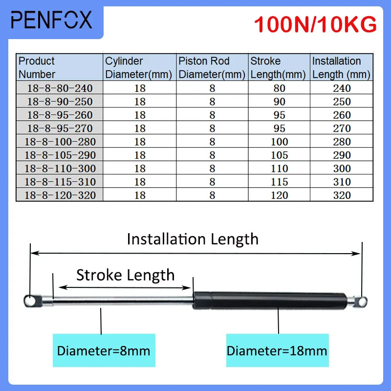 Barres de Support Universelles à Ressort à Gaz, Capot de Voiture, Caravanes, Portes, Fenêtres, Bu de Bateau, 240-320mm, 10kg/100N, 1 Pièce