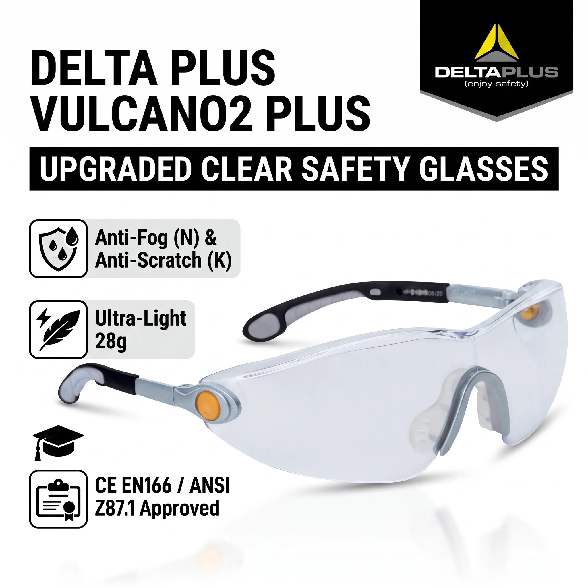 Delta Plus VULCANO2 CLEAR Safety Glasses Anti Fog Scratch Resistant Protective Eyewear Work Goggles Clear Lentes de Seguridad