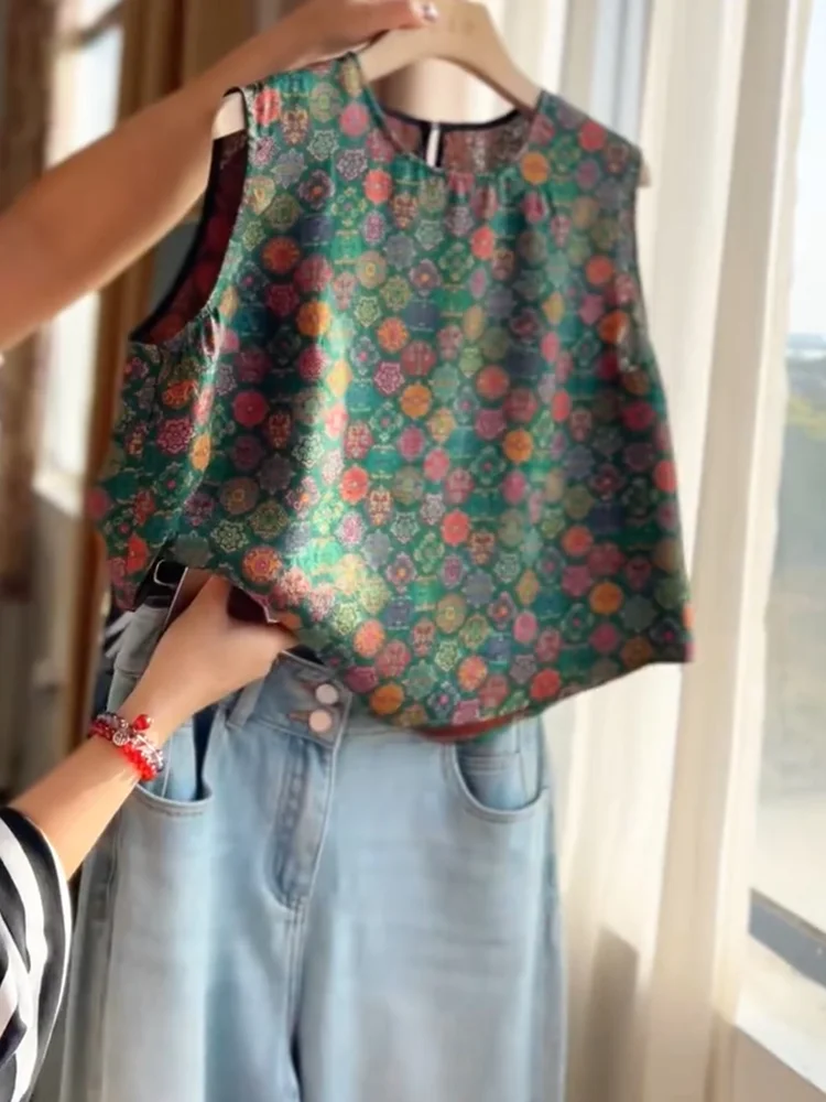 

Новый китайский жилет с принтом в стиле ретро, лето 2025, модный универсальный возрастной уникальный топ больших размеров, женская одежда
