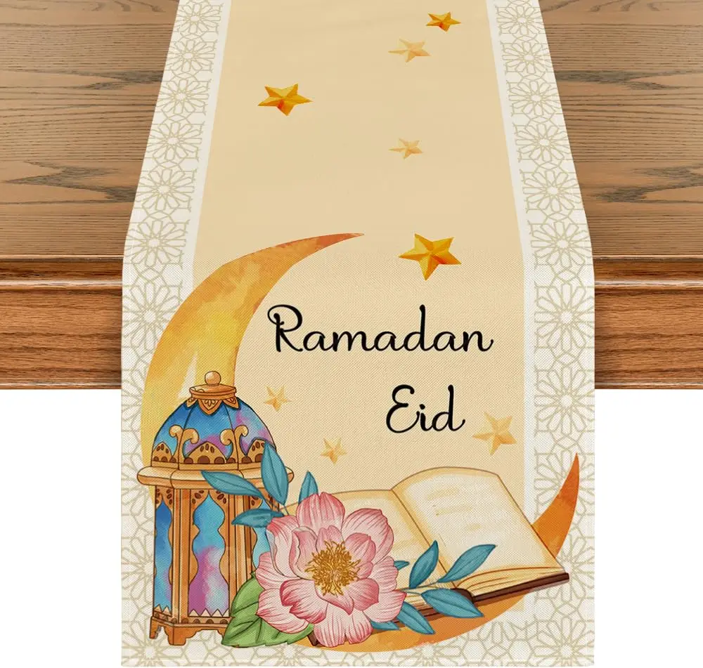 Lantern Star Moon Ramadan Table Runner, Eid Kitchen Dining Table Decoration, Home Party Decor, Seasonal, 13x72 Inch