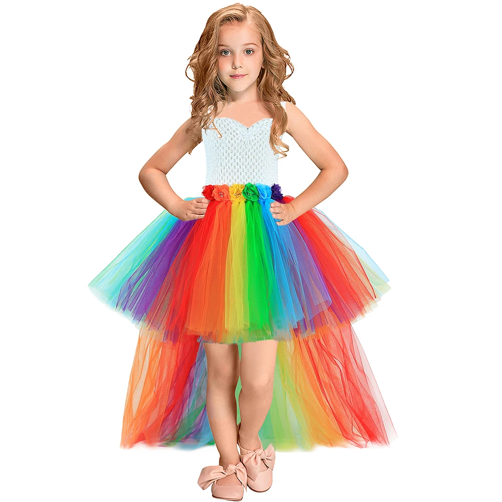 Girls Rainbow Tutu Dress V-Neck Train Flower Girl Tulle Princess Dresses Toddler Kids Birthday Party Christmas Halloween Costume