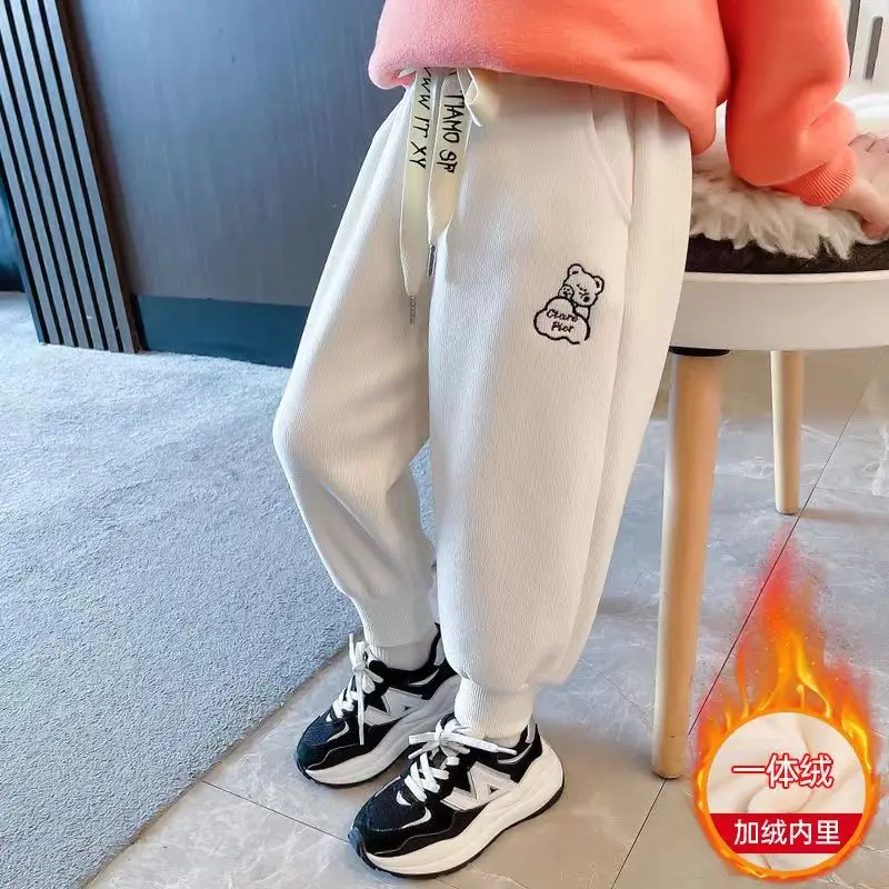 Girs  Autumn Winter Trousers New Plus Velvet Printed Cartoon Pants Korean Casual Child Kids Composite Integrated Pile Sweatpants