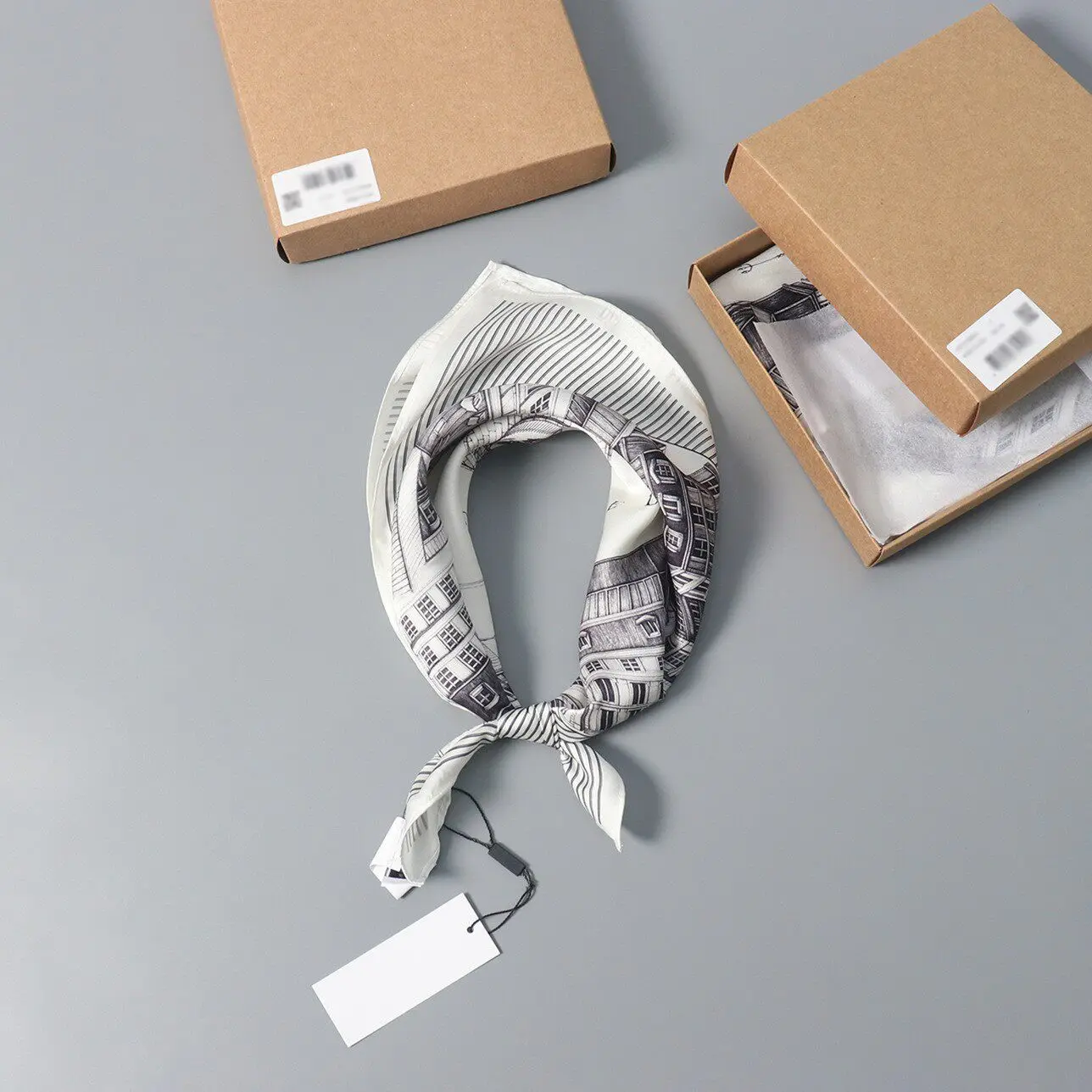 Silk Square Scarf for Women with Print Design in Box Decorative Korean Style Summer Fashion Accessories Small Geometric Pattern