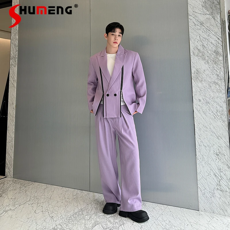 

2025 Men's Autumn New 2pcs Trendy Double Zipper Design Padded Shoulder Suit Sets Men's Fashion Straight-Leg Pants Two-Piece Sets