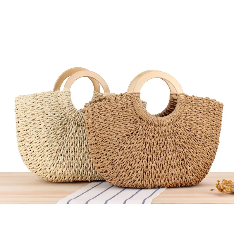 Wooden handle carrying straw bag paper rope hand-woven beach Bao Sen solid color large capacity handbag.