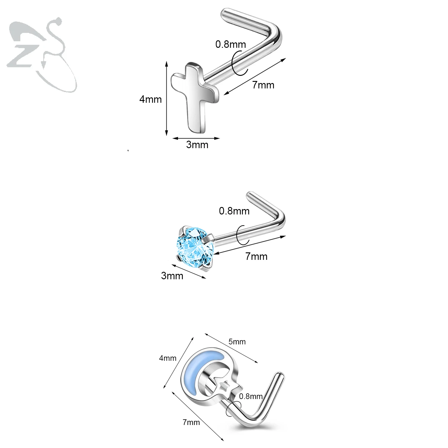 3pcs Stainless Steel Nose Stud Set with Crystals