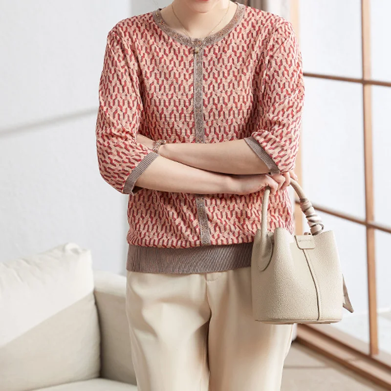 

2024 New Summer Elegant Fashion Loose Casual Office Lady T-shirts for Women Chic Decorations 3/4 Sleeve O Neck Y2K Chic Tops