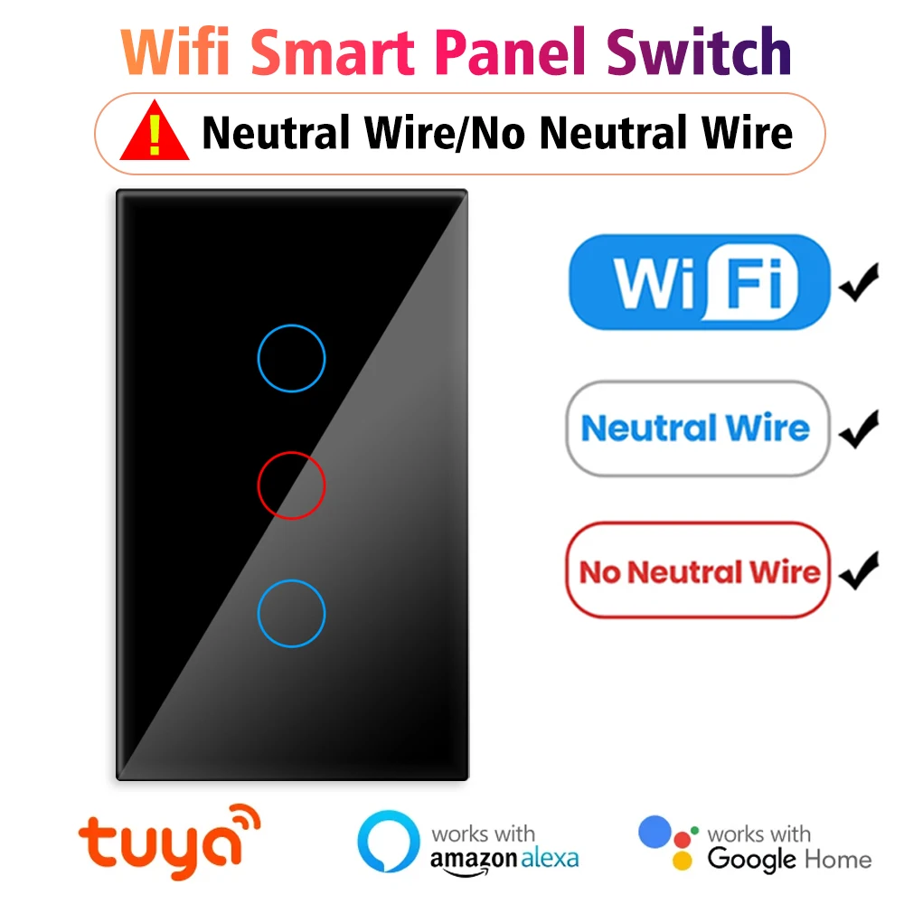 

Умный настенный сенсорный выключатель Tuya Wi-Fi/Zigbee, переключатель с нейтральным проводом, без нейтрального провода, работает с Google,Alexa Home