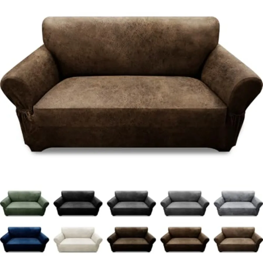 

Slipcover Leather Look Couch Covers for 2 Seater Couch 1-Piece Cover Stretch Furniture Protector with Elastic Bottom and Pocket