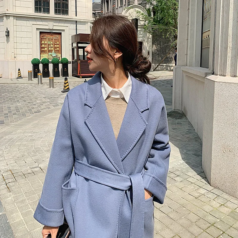 Classic Model 100% Real Wool Long Warp Overcoat Belt Turn-down Collar Dense Fabric Narrow Notch Lapel Coat Women Fall Winter