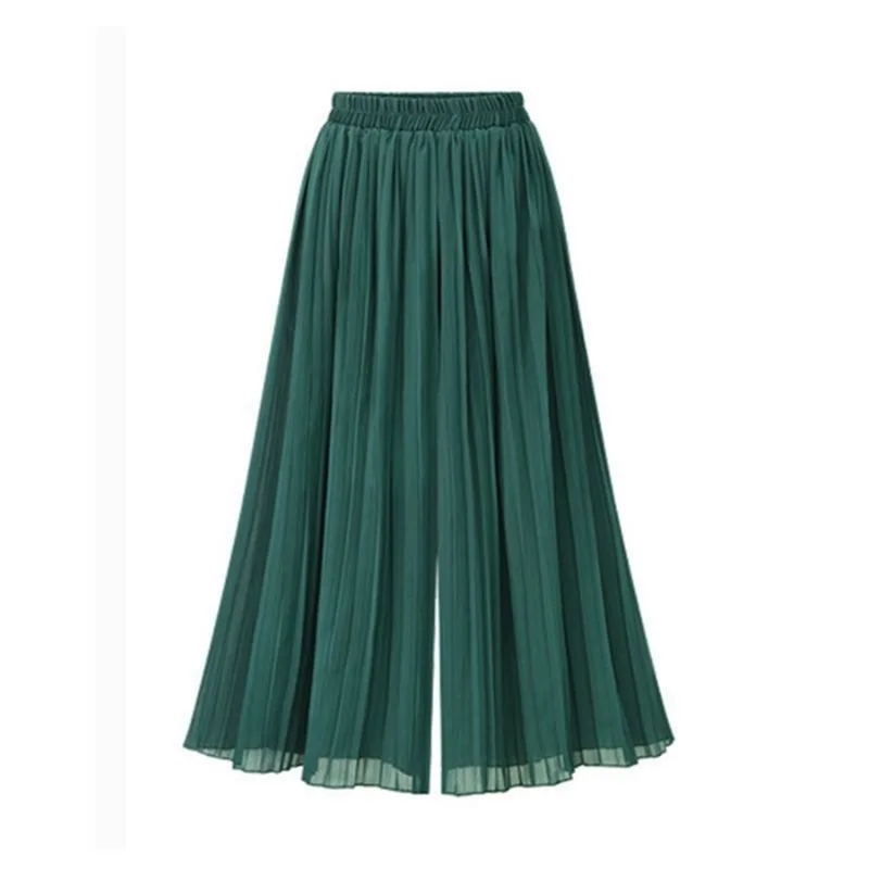 New 2023 Ankle-Length Chiffon Pleated Culotte Pants Casual Elastic High Waist Wide Leg Pantalones Baggy Womens Elegant Trousers