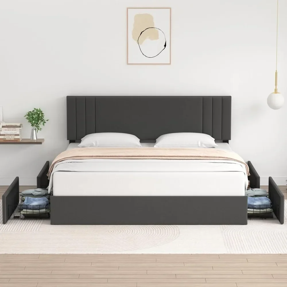 

Для мягкой рамы кровати размера «queen-size» с 4 ящиками для хранения и регулируемым изголовьем, каркас кровати-платформы, прочная деревянная опора для планок,