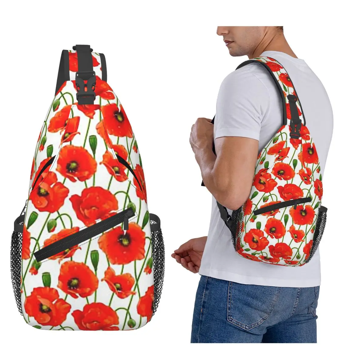 

Beautiful Red Poppy Flowers Chest Bag Men Sling Crossbody Backpack Chest Bag Traveling Hiking Daypack Shoulder Bag