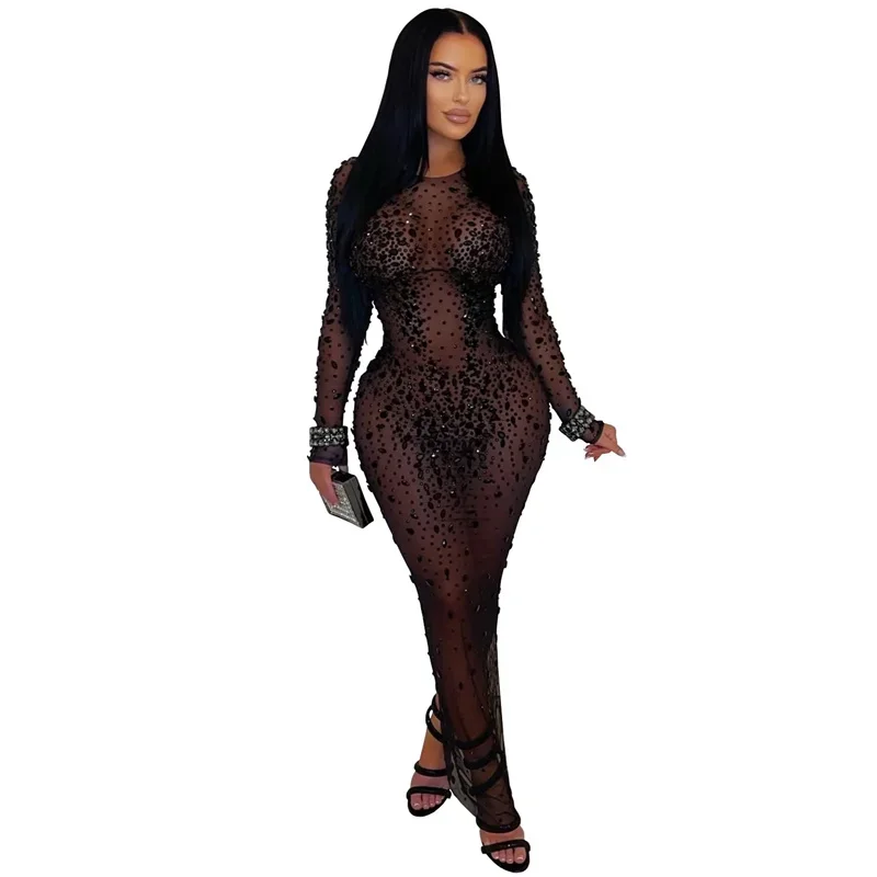 Doyerl Mesh See Through Zwarte Strass Jurk Luxe Sexy Vrouw Nachtclub Party Lange Mouw Terug Split Bodycon Maxi Jurken
