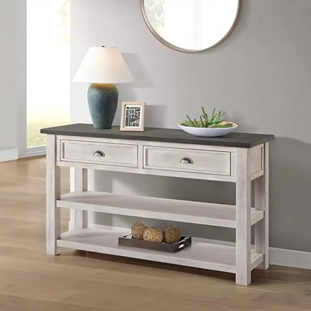 Solid Wood Sofa Console Table with 2 Drawers and Bottom Shelves White/Grey Top Antique Pewter Hardware Multi-functional TV Stand