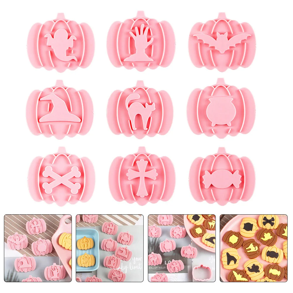 

9 Pcs Halloween Cookie Cutters Press Type Biscuit Mold Pumpkin Plastic Multipurpose Bakery Tools Decorative Pink Baking