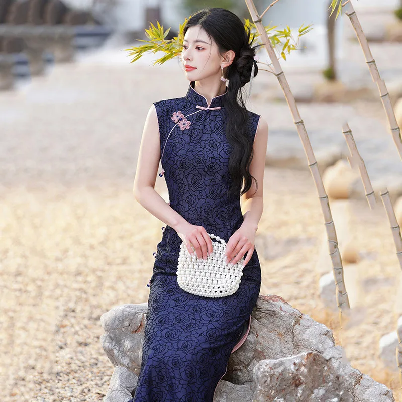 

Sleeveless China Style Long Cheongsam Improved Young 2025 New Women's Chinese Retro Short Sleeve Summer Qipao