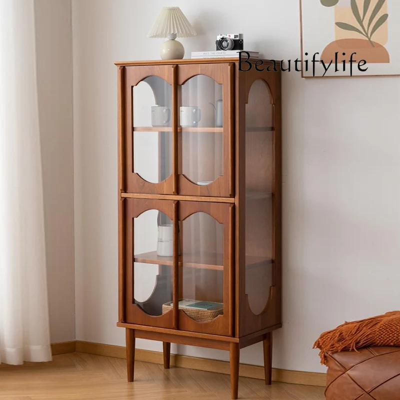 Nordic Retro Solid Wood Display Cabinet Vintage Color Glass Wine Cabinet Storage Side Cabinet for Middle-Ancient Living Room