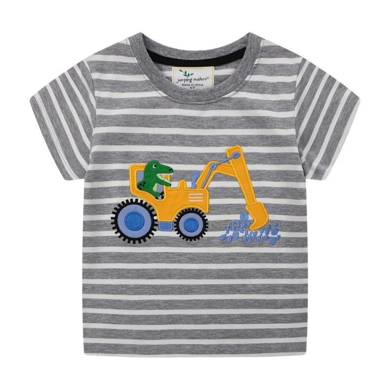 Jumping Meters 2-7T New Arrival Striped Summer Boys Girls Tees Animals Cars Embroidery Kids Tops Cotton Fashion Baby Clothes