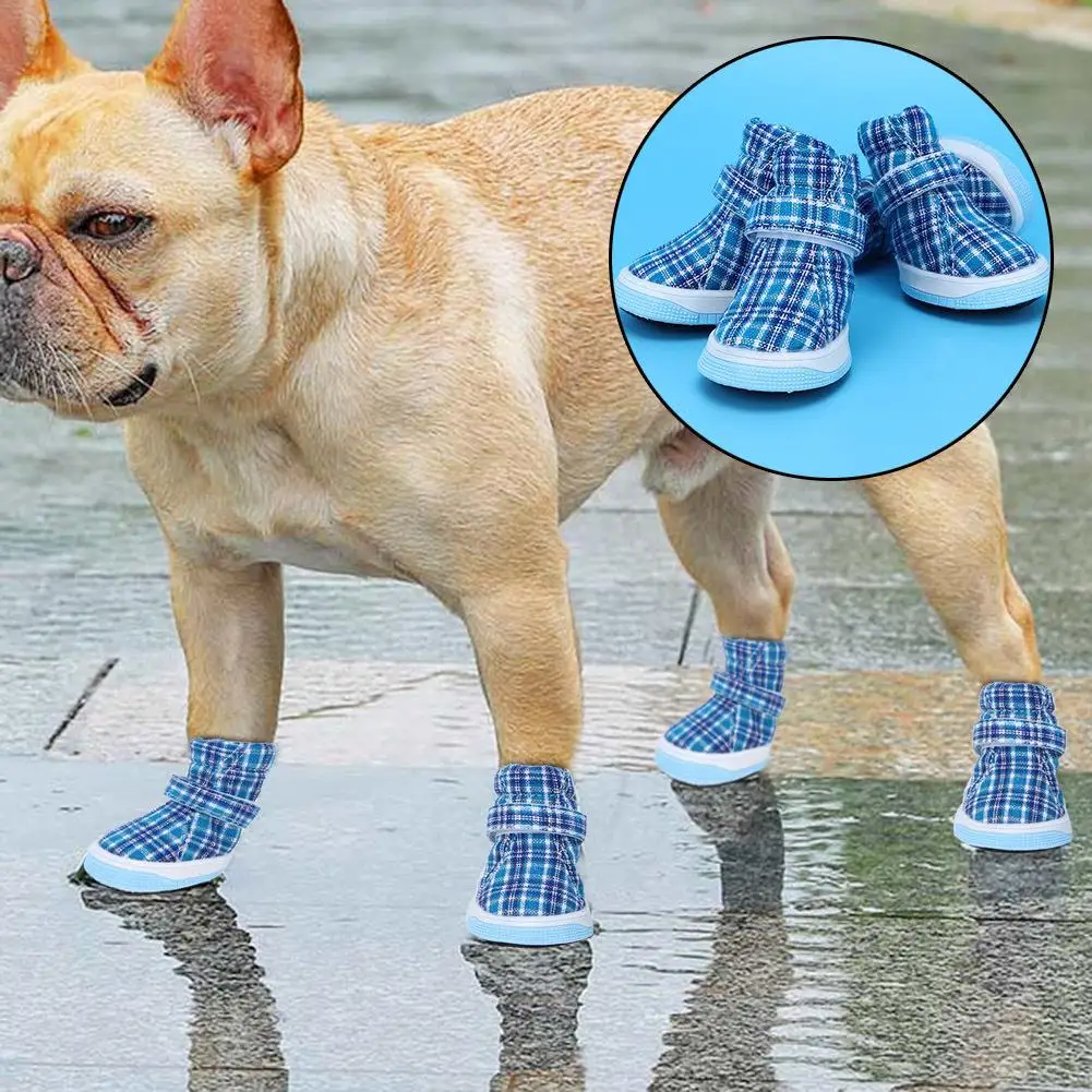 4Pcs Blue Non-Slip Pet Dog Shoes - Breathable Soft Cloth Sneakers for Autumn/Winter Outdoor Adventures