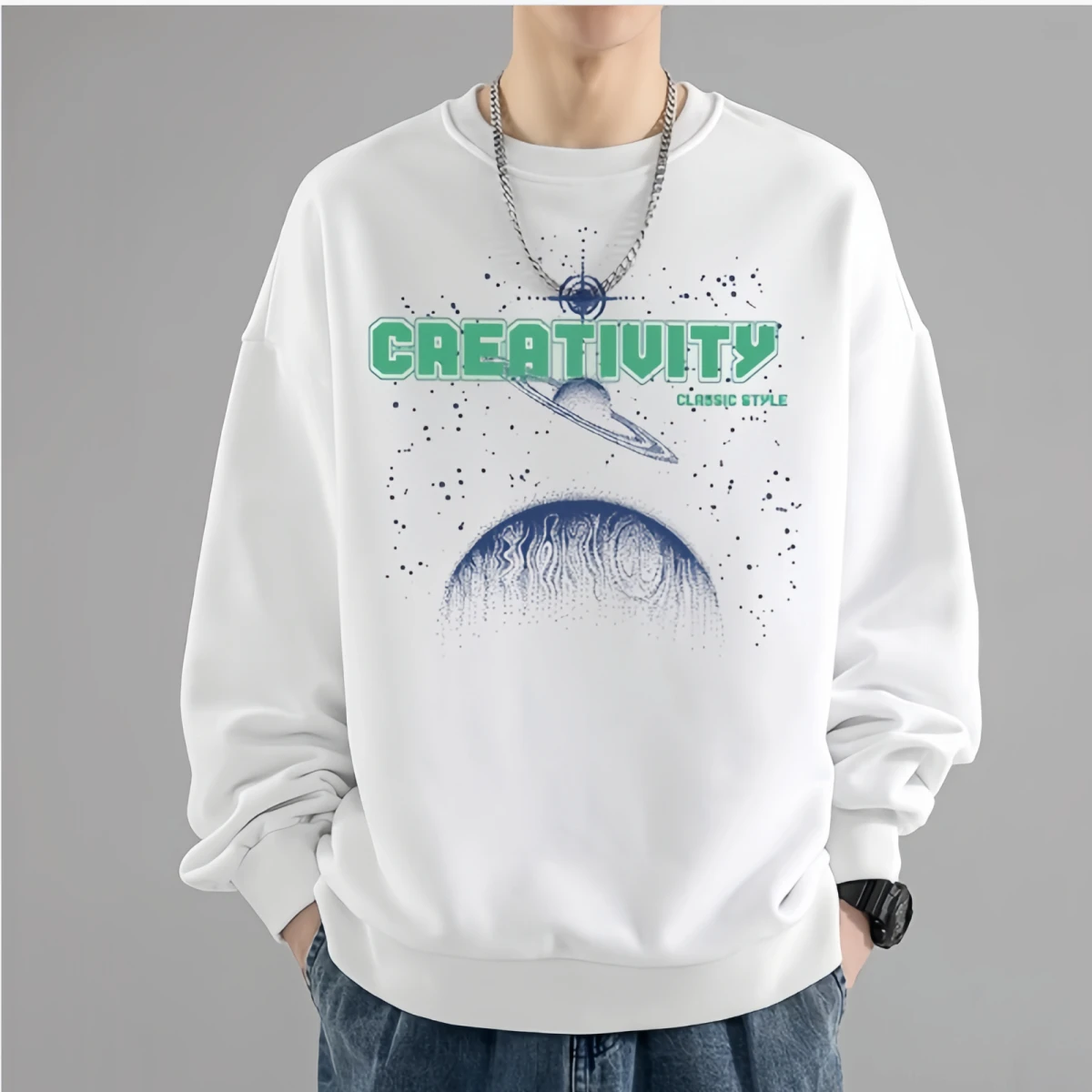 High Quality Men's Streetwear Korean Printed Long Sleeved T-shirt Daily Casual O Neck White Sweatshirt Fashion Men's Clothing