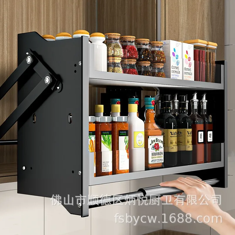 Kitchen cabinet storage Double-layer dish basket Damping buffer Up and down basket hanging glass elevator basket