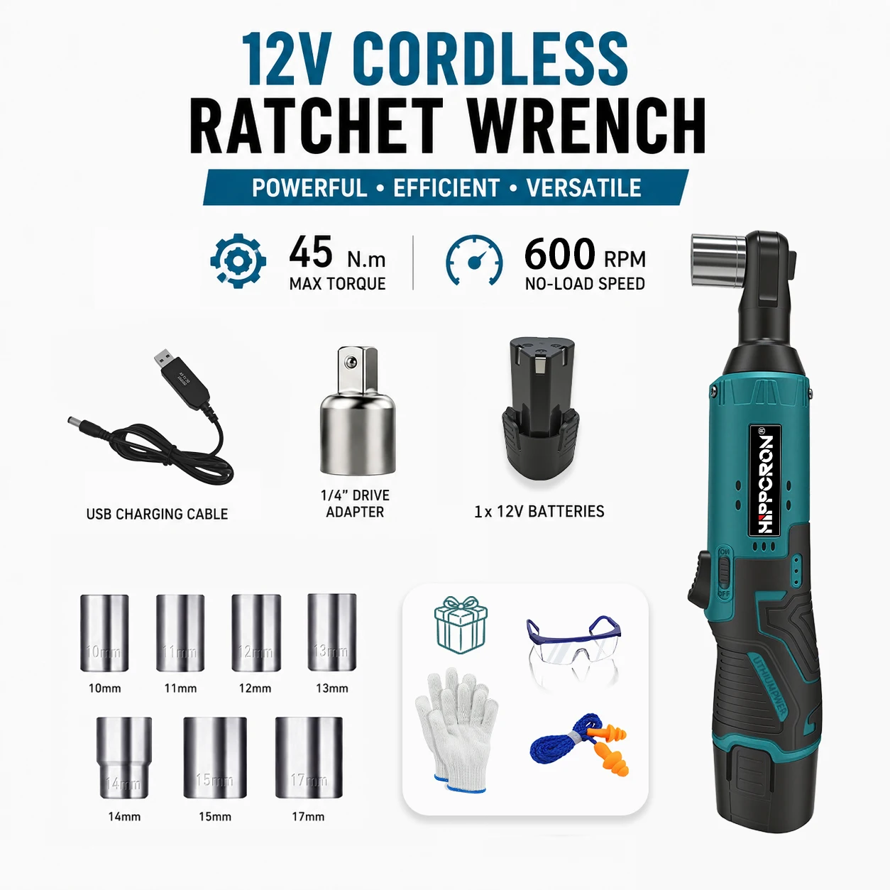HIPPCRON 12V Cordless Electric Ratchet Wrench, 3/8
