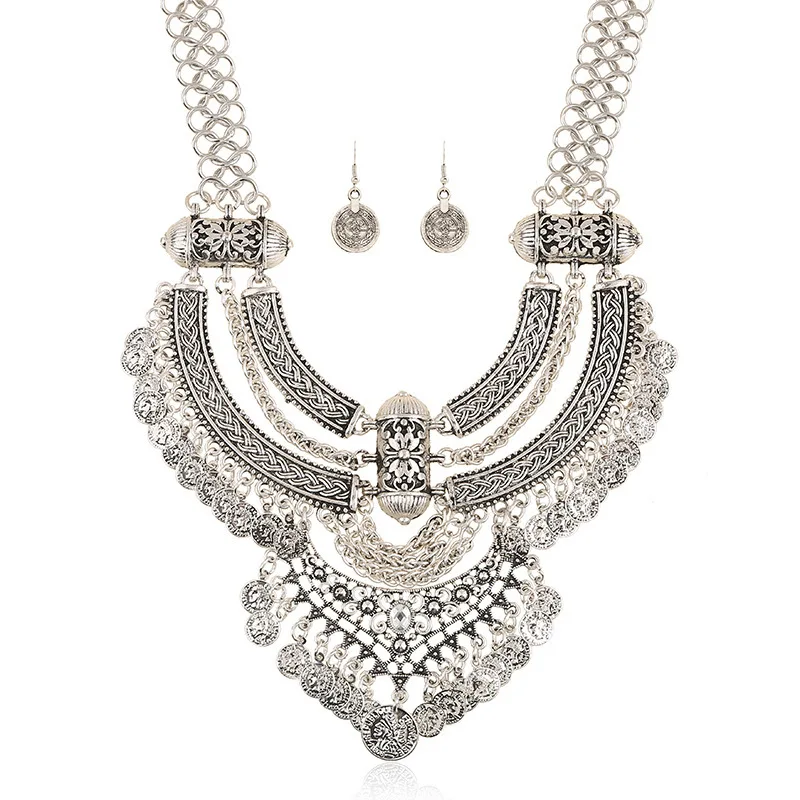 

Leyu foreign trade jewelry, exaggerated retro ethnic style coin fringed set necklace, manufacturer