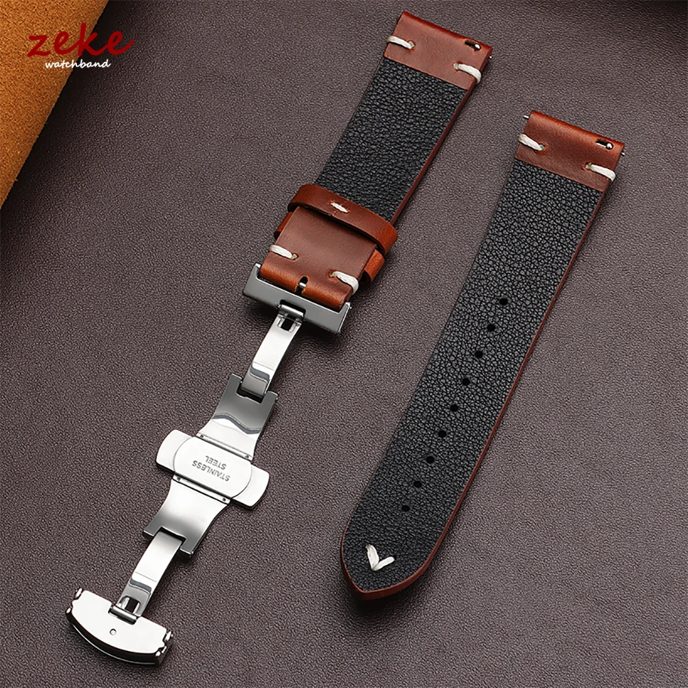 Vintage Oil Wax Leather Watch Band 18mm20mm 22mm Bracelet for Seiko Butterfly Buckle Stitching Cowhide Strap for Omega Watchband