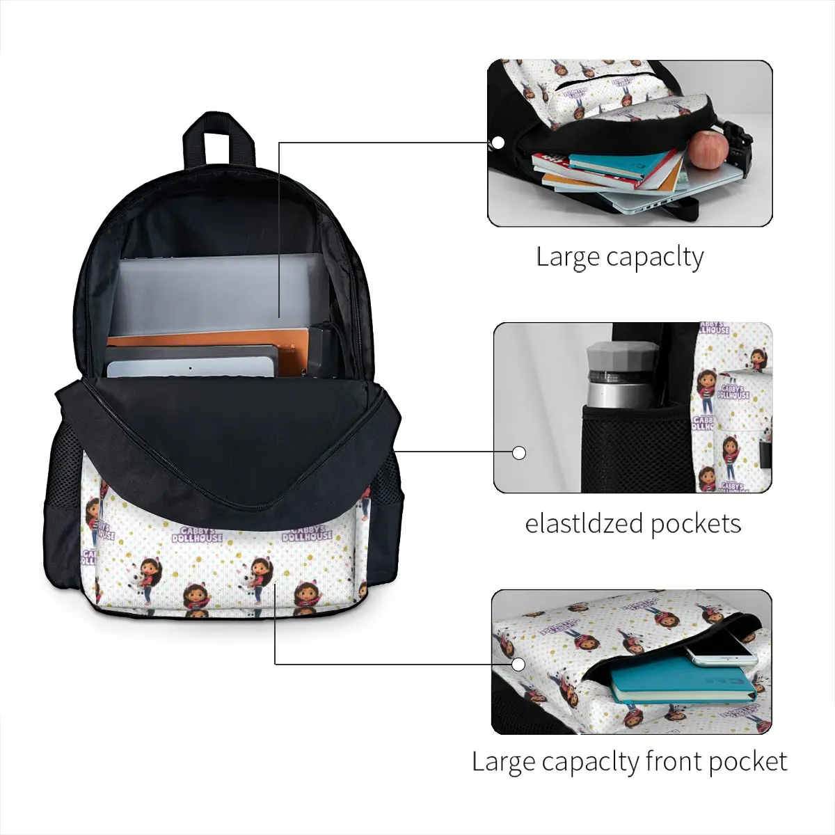 Gabbys Dollhouse Cats Cartoon Anime Mochila para Crianças, Mochila Clássica 3D, Mochila para Laptop para Meninos e Meninas