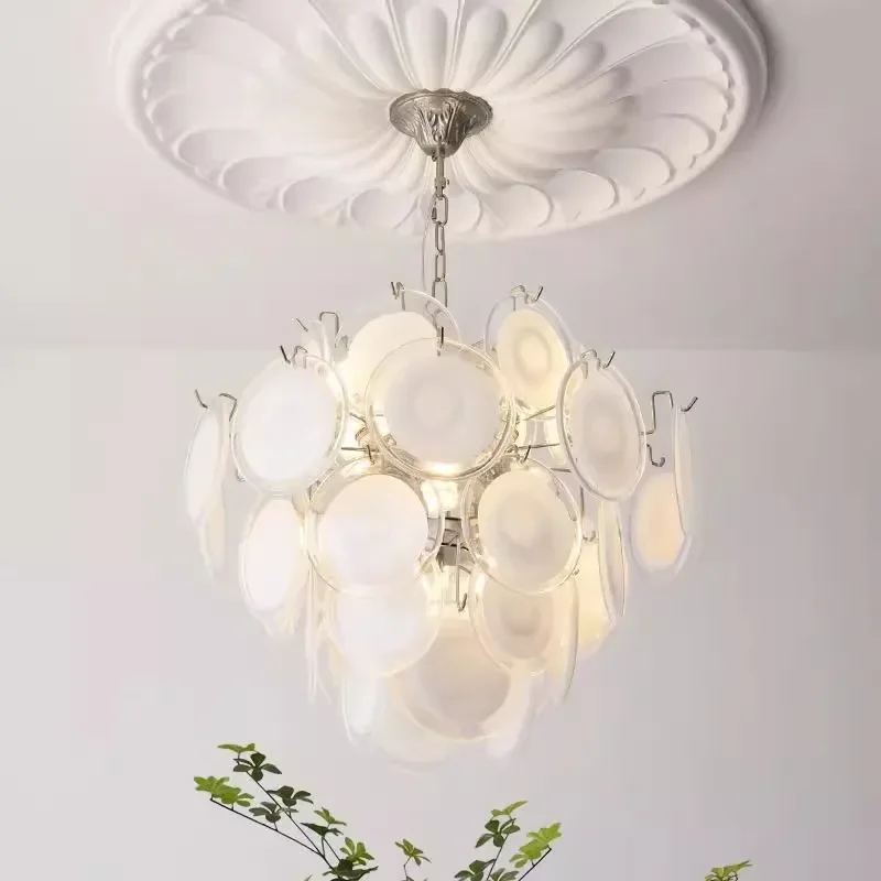 

Vintage Scandinavian French chandelier with stained glass, living room, dining room, bedroom home decoration, hanging ceiling