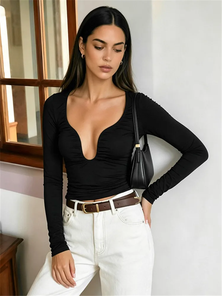 Shestyle V-Neck Solid Full Sleeve T-Shirt Women Basic Casual Comfortable Autumn Skinny Skin Care All-Match Stylish Tees 2026