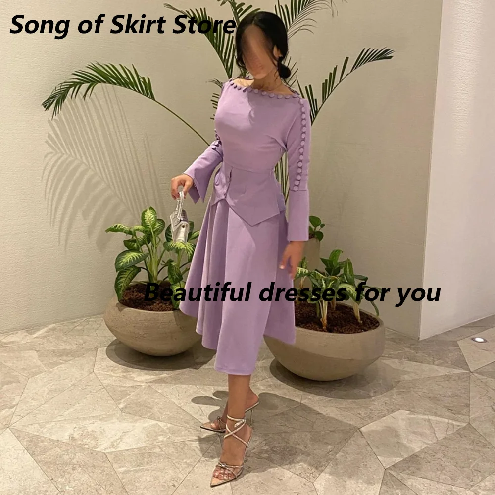 Customized Two Pieces Evening Dresses Button Long Sleeves Prom Dresses Pleated Jersey Tea Length Simple Party Dresses for Women