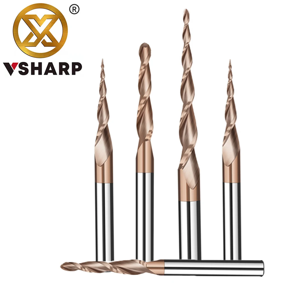 Fresa de punta de bola cónica Vsharp, vástago de 6mm, broca enrutadora en espiral de carburo de 2 flautas, broca de tallado 3D CNC para carpintería, fresa de madera