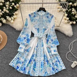 2024 Spring Bohemain Ruffles Mini Dress Women Linen Clothing Lantern Sleeve Stand Single Breasted Belt French Floral Print Robes