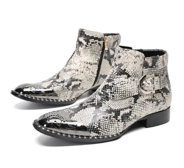 

Hot Men Fashion Python Snake Skin Iron Toe Patchwork Belt Buckle Zipper Side Ankle Boots Male Leisure Short Boots Size 47