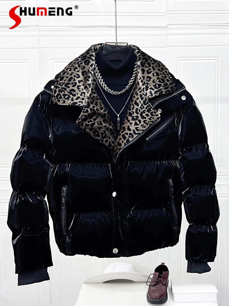 

Men's 2025 Winter New Thickened Warm Loose Parkas Trend Leopard Print Splicing Faux Two-Piece Parkas Multiple Zippers Chic Coats
