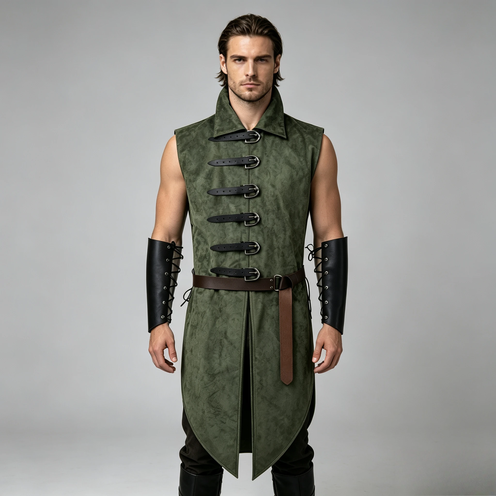 Men Medieval Retro Elf Long Vest Set Waist Cincher Wrist Guards Ranger Stage Cosplay Performance Costume