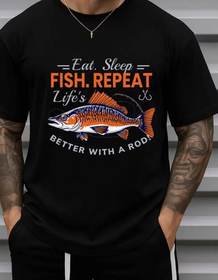 Men'S Funny Fishing T-Shirt Eat. Sleep Fish Repeat. Life'S Better with A Rod Graphic Tee Shirt Black with Orange Fish Crew Neck